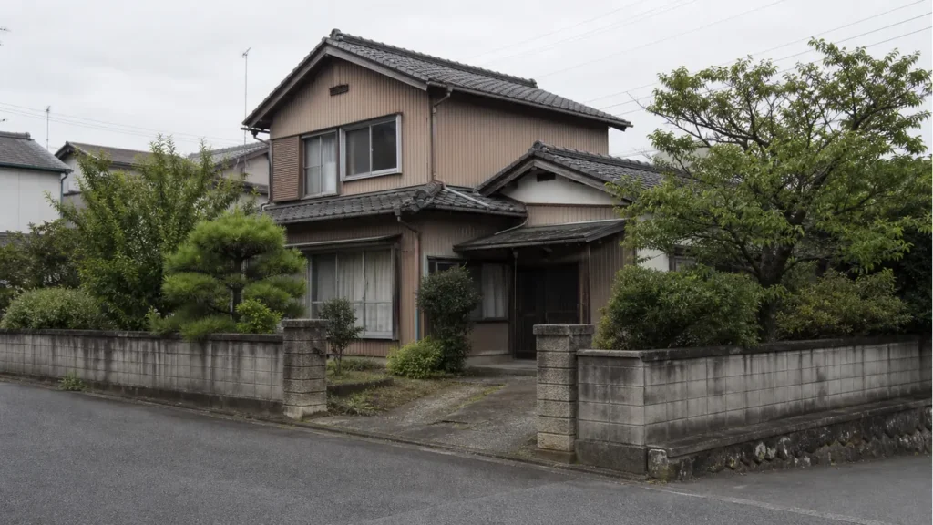 解体前の木造住宅と敷地の様子を落ち着いた距離から見たイメージ